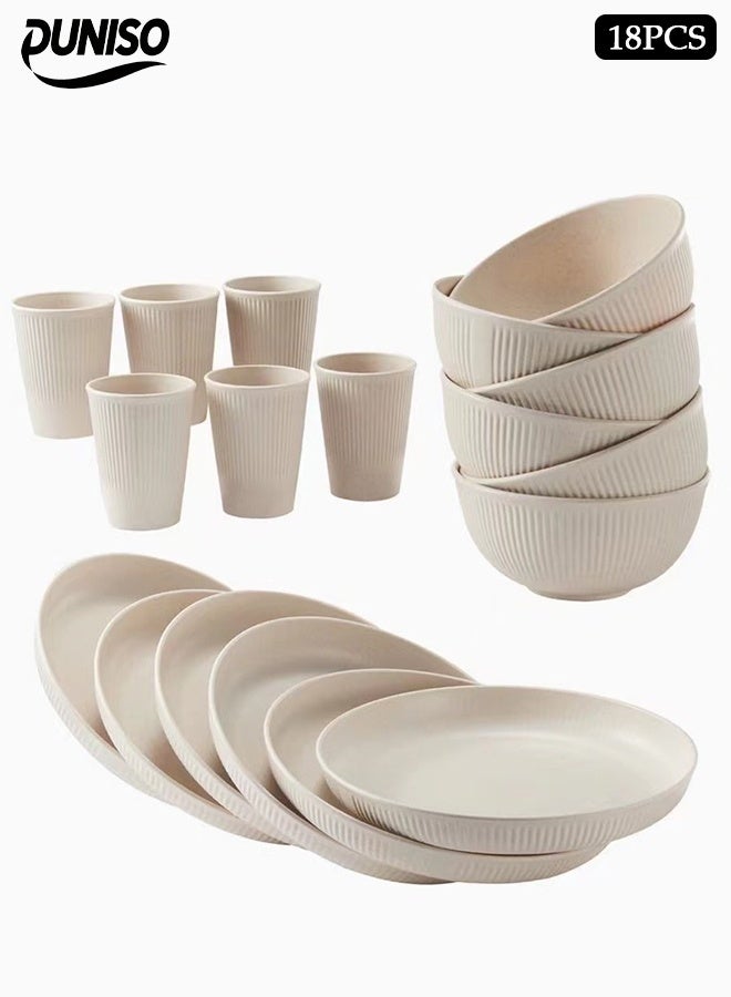DUNISO 18-Piece Wheat Straw Tableware Set, Reusable, Including Bowls, Cups, Plates, Microwave And Dishwasher Safe, Not Easy To Break, Suitable For Outdoor Camping, Kitchen
