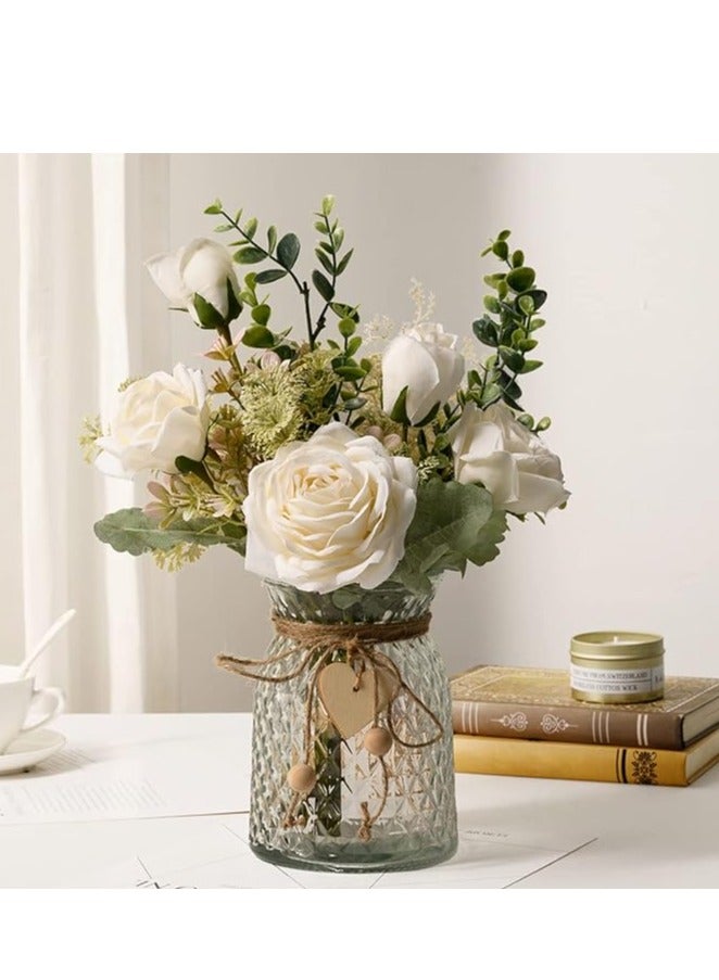 DUNISO Fake Flowers, Silk Roses Artificial Flowers, White Faux Flower Arrangement Suitable for Home Office Decoration, Dining Table Centerpiece(No vase)