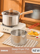 DUNISO Deep Fryer Pot with Fry Basket, Stainless Steel Oil Strainer Pot, Food Cooking Pot With Lid, Deep Fry Pan with Easy Grip Handle for Home Use, Stovetop Fryer with Basket for French Fries, Chicken Wings