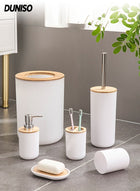DUNISO 6 Pieces Bathroom Accessories Set , Plastic Bath Set with Trash Can,Toilet Brush,Soap Dispenser,Soap Dish and Lotion Set ,Toothbrush cup, Toothbrush Holder (White)
