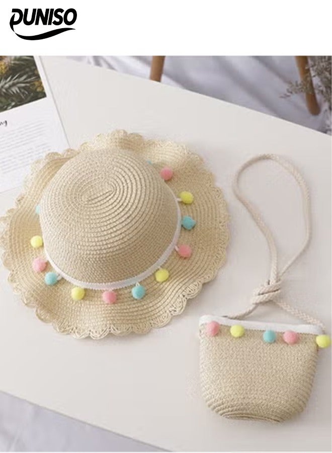 DUNISO 2 Pcs Summer Hat Bag Set，Girls Summer Straw Hat with Shoulder Bag Set，Wide-brimmed Hat with a Floral Ribbon and a Soft Woven Straw Shoulder Bag，for Beach, Travel, and Outings for Girls
