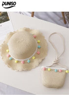 DUNISO 2 Pcs Summer Hat Bag Set，Girls Summer Straw Hat with Shoulder Bag Set，Wide-brimmed Hat with a Floral Ribbon and a Soft Woven Straw Shoulder Bag，for Beach, Travel, and Outings for Girls