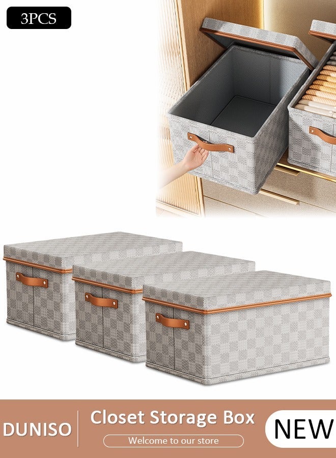 DUNISO 3 Pack Closet Storage Box with Lid and Handle, Stackable Wardrobe Clothes Organizer, Foldable Closet Storage Basket, Cube Storage Bins for Clothing, T-Shirt, Jeans, Sweaters, Toys & Books (18L)