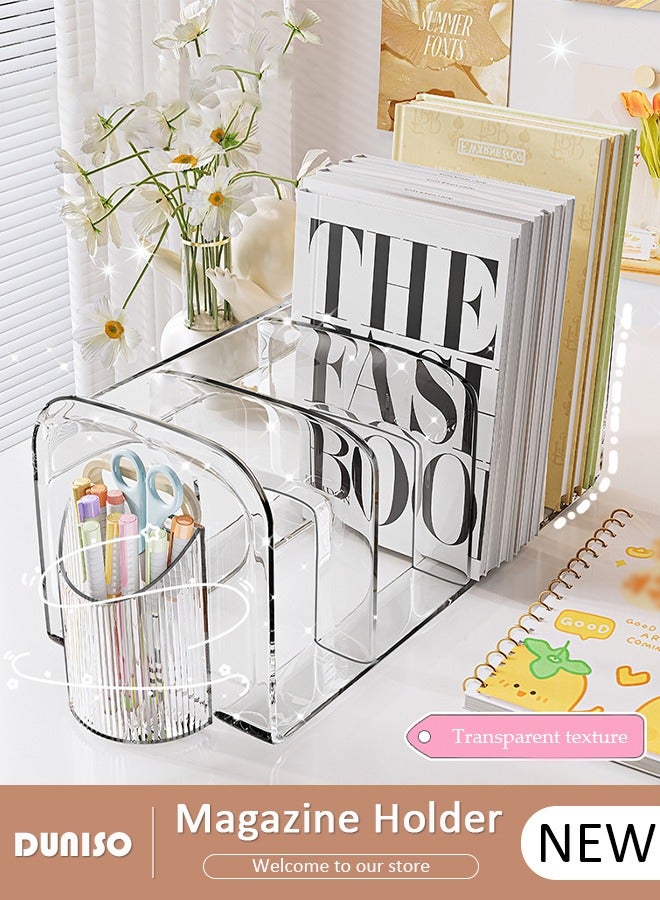 DUNISO Magazine Holder with Pen Holder, Clear File Organizer with Handle, Desk Accessories Organizers with 4 Compartments, Large Capacity Bookends, Desktop Book Storage for Home, Office, School