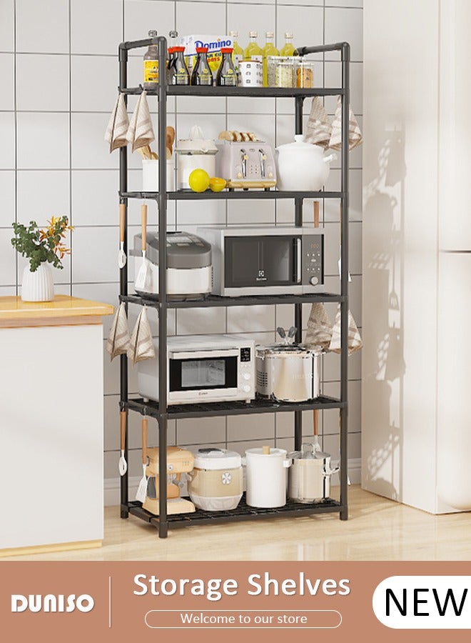 DUNISO 5 Tier Storage Shelves, Stable Kitchen Shelf Organizer, Storage Rack with Armrests, Removable Free Standing Rack with Hooks, Multipurpose Rack, Shelving Unit for Laundry Room,Living Room,Garage,Pantry,Study Room