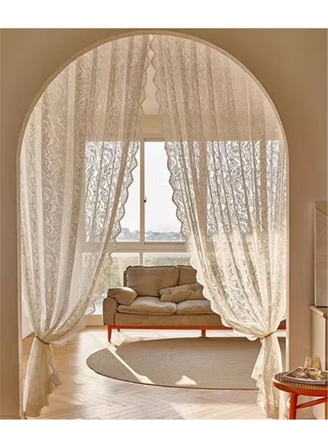 DUNISO 2 Pieces of Sheer Curtains, polyester fiber lace gauze curtains, lightweight, breathable , suitable for living rooms, bedrooms, study rooms, dining rooms, 132 * 213cm, beige