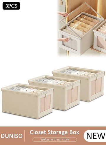 DUNISO 3 Pieces Foldable Closet Storage Organizer with Clear Lid and Window, Washable Closet Storage Boxes with Carrying Handles , Stackable Wardrobe Clothes Organizer,Cube Storage Bin for Clothes Wardrobe Home Bedroom Office