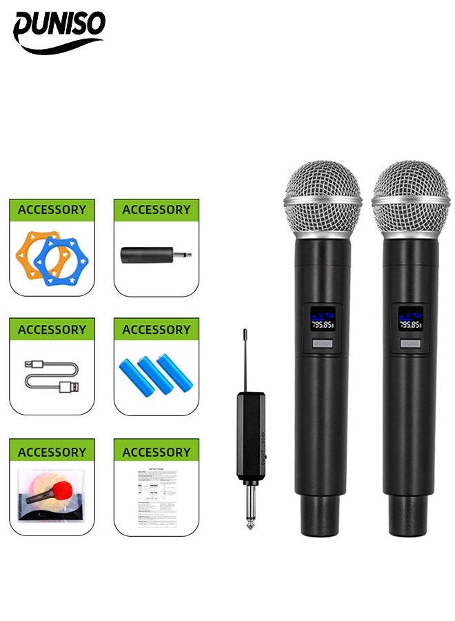 DUNISO 2Pcs Wireless Microphone，1 to 2 Microphones，Hand Microphone，Rechargeable Microphone，Professional Cordless Microphone，Used for Karaoke Nights and Family Gatherings DJ,Meeting，Black