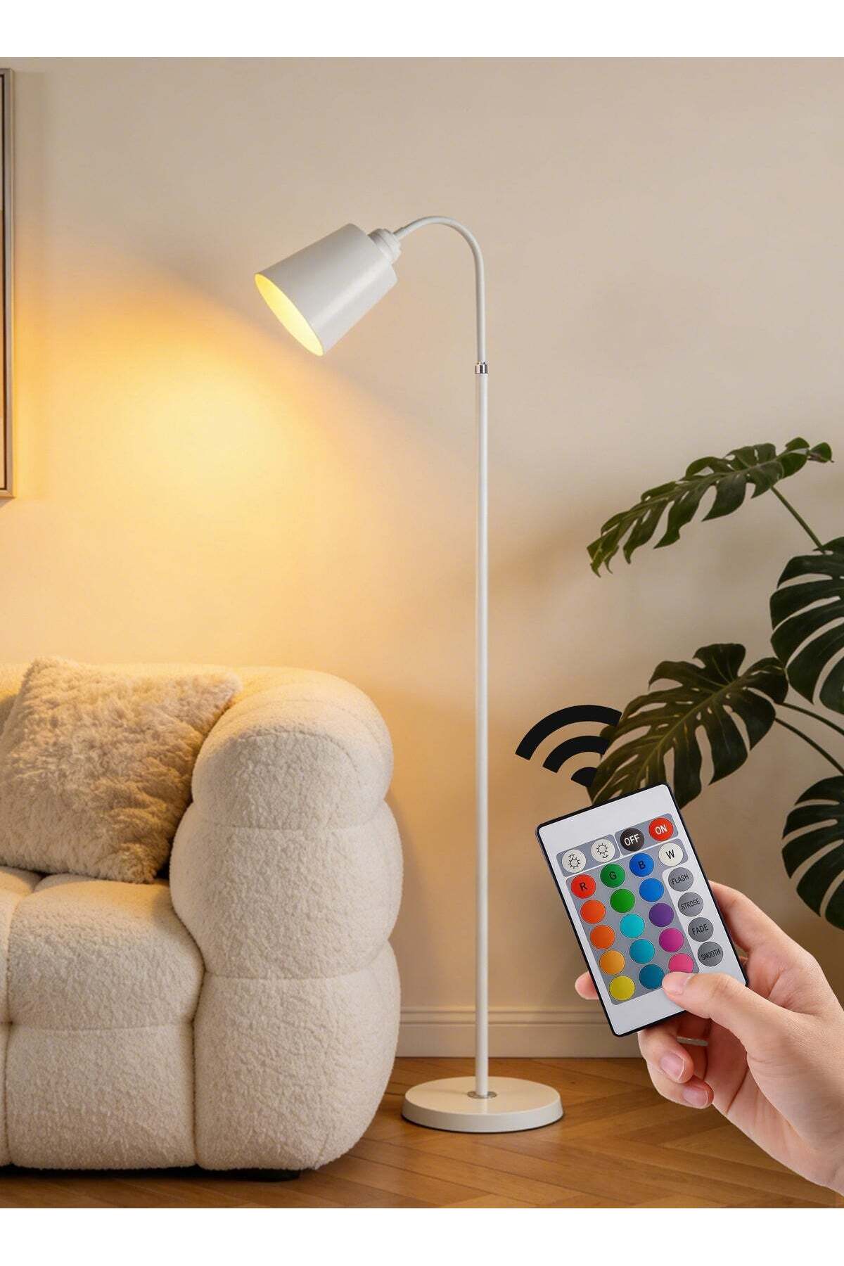 16-Color Dimmable Floor Lamp, 30W Nordic Style, White Standing Lamp with Adjustable Hanging Shade