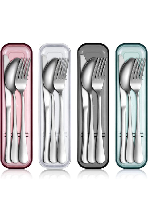 PINKE 4 Pack Portable Travel Utensils Set with Case Reusable Stainless Steel Silverware Flatware