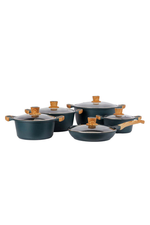 RF 12508 RoyalEmerald 10 Pcs Granite Coated Die-Cast Cookware Set with Glass Lids