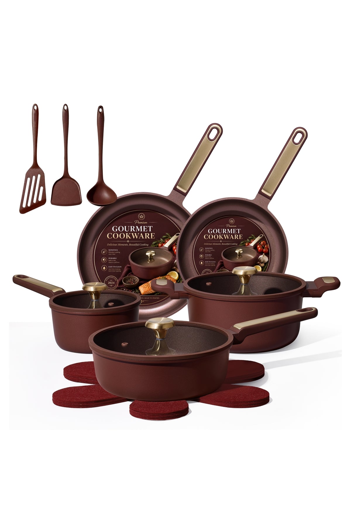 16-Piece Non Stick Cookware Set, Dishwasher Safe, PFOA & PFOS Free, Wine Red