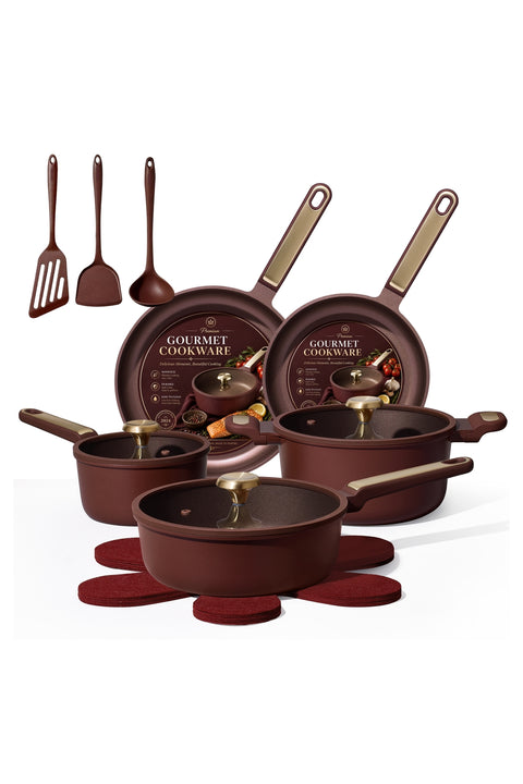 16-Piece Non Stick Cookware Set, Dishwasher Safe, PFOA & PFOS Free, Wine Red