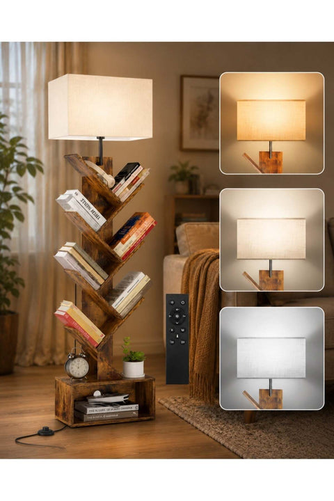 6-Layer Solid Wood Tree Bookshelf with Drawer, Tree Bookshelf with Light& Remote, Retro Wood Storage Rack
