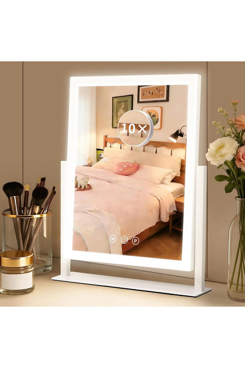 LED Makeup Mirror 3 Color Lighting Touch Control Rechargeable Vanity Mirror 10X Magnifying Cosmetic Mirror for Bedroom Bathroom 360° rotation