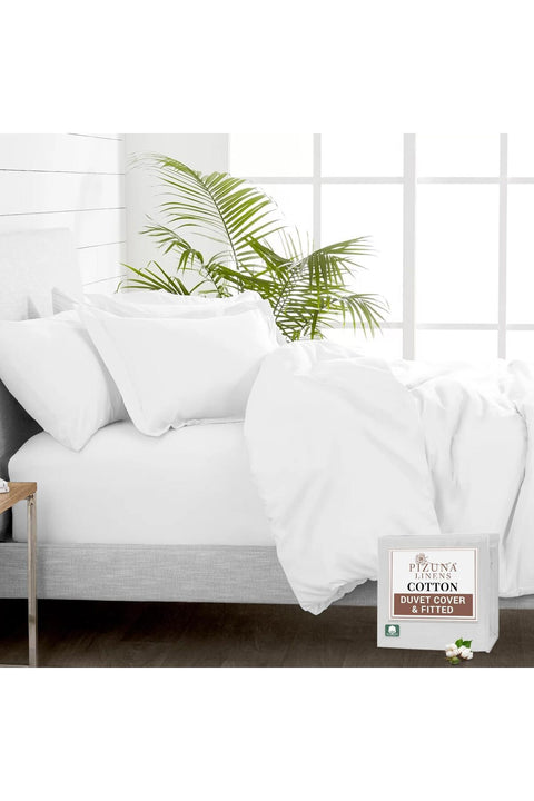 Pure 100% Cotton Double Duvet Cover Set with Fitted Double Bed Sheet White, 400 Thread Count Long Staple Cotton Bedding Set, Soft Sateen Weave Comforter Set & 40 cm Deep Fitted Sheets