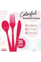 Unique Ruby Red Plastic Cutlery Set – 18-Piece Reusable or Disposable Party Utensils with 6 Forks, 6 Spoons & 6 Knives for Birthdays, Holidays, Weddings & Special Events