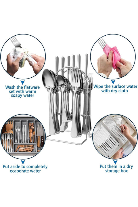 Silverware Set, 24 Piece Flatware Set With Stand, Stainless Steel Cutlery Set for 6 (Silver)