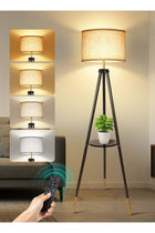 Solid Wooden Tripod Floor Lamp, 12W LED Bulb, Remote, Dimmable, 4 Color Temps, Timer, Shelf, Black