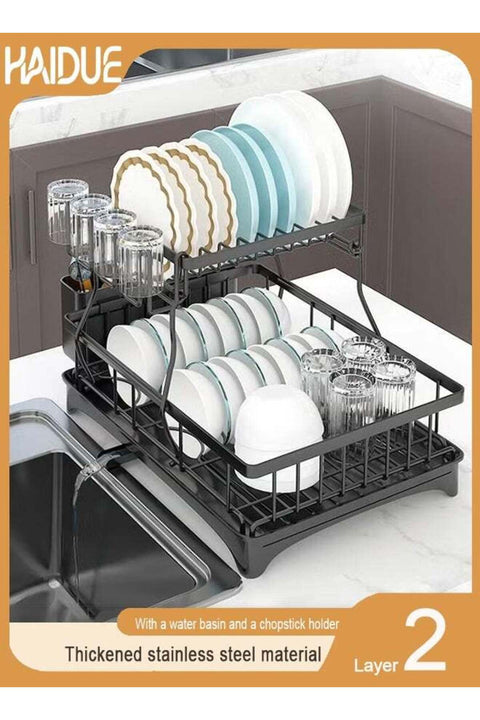 2 Tiers Dish Drying Stand With Rotatable Drainage System Black