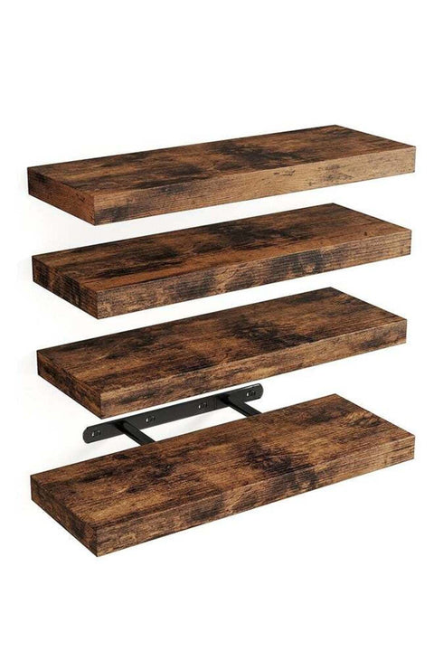 CozyNest Set of 4 brown Rustic Floating Wall Shelves with Metal Brackets, Wood Wall-Mounted Storage for Bathroom, Bedroom, Kitchen, or Living Room Decor