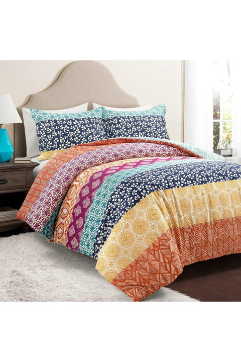 Bohemian Stripe Reversible 3 Piece Cotton Duvet Cover Set, King, Fuchsia & Orange