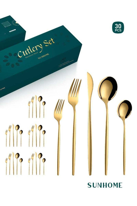 30-Piece Stainless Steel Cutlery Set Kitchen Utensil Set Western Tableware Gold
