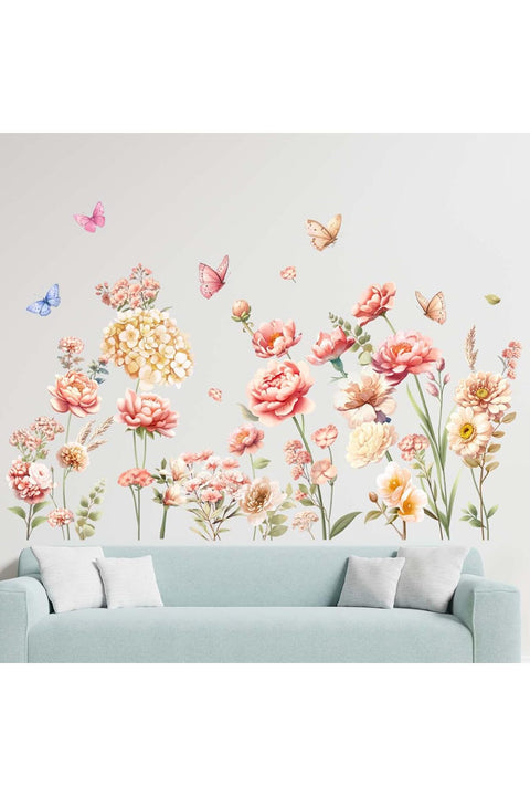 Boho Flowers Wall Stickers - Wildflower Grass Butterflies Floral Wall Stickers - Girls Bedroom Living Room Sofa TV Background Home Wall DecorB