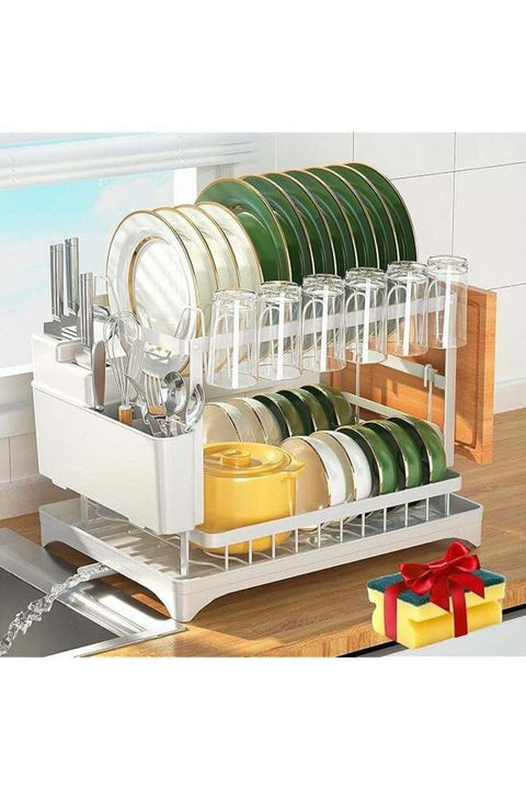 Dish Drying Rack, Multifunctional Dish Rack, Rustproof Kitchen Dish Drying Rack with Drainboard, Space-Saving 2-Tier Dish Drying Rack with Utensil Holder & Cup Holder for Kitchen Counter (Whit