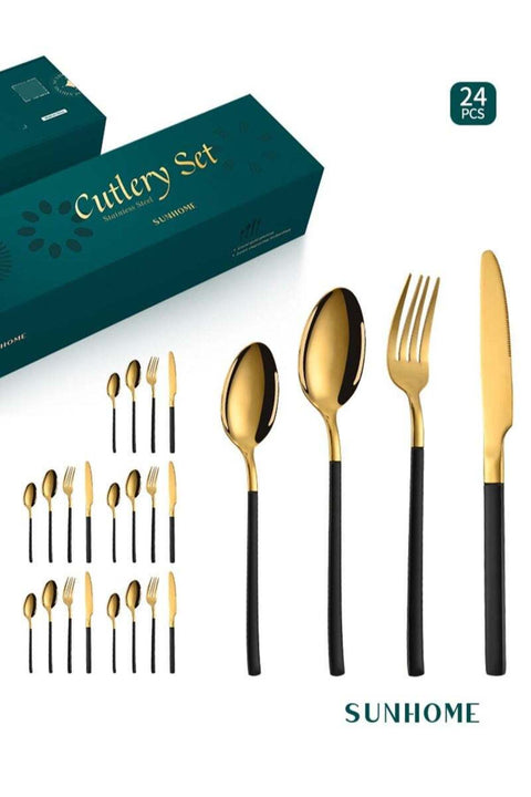 24-Piece Stainless Steel Cutlery Set Kitchen Utensil Western Tableware Gold/Black