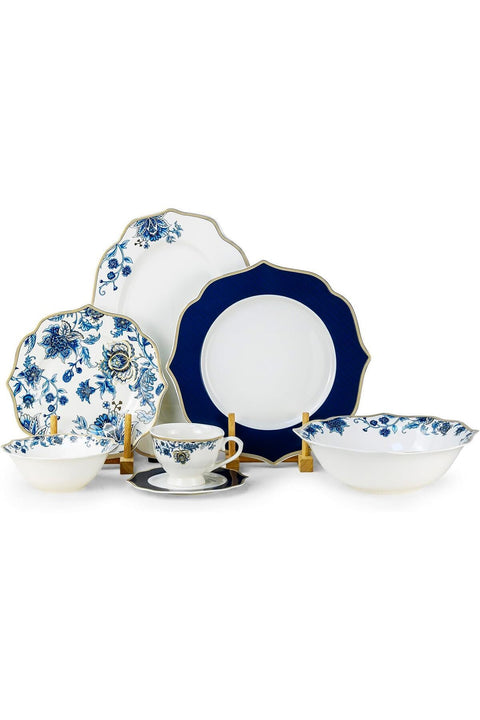 Shallow By ROSY 32 Pc New Bone China Dinner Set for 6 - White with Blue Floral Pattern