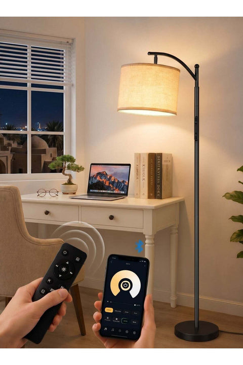 Floor Lamp with Remote Control, 4 Color Temperatures, Adjustable Linen Shade, 9W Bulb, Metal Black