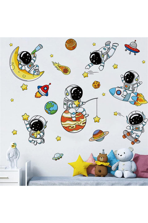 Lovely Astronauts and Planet Wall Decals, Universe and Stars Wall Sticker, Space Art Wall Clings, Removable Vinyl Stickers For Nursery, Living Room, Bedroom, TV Sofa Background Decoration Murals
