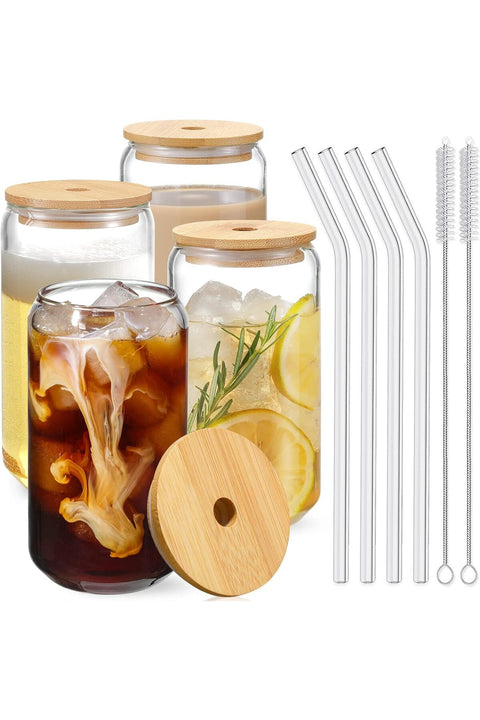 HOOJO Drinking Glasses with Bamboo Lids and Glass Straw 4pcs Set - 16oz Can Shaped Glass Cups