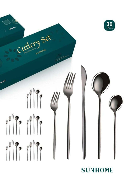 30-Piece Stainless Steel Cutlery Set Kitchen Utensil Western Tableware for Home Dining Black
