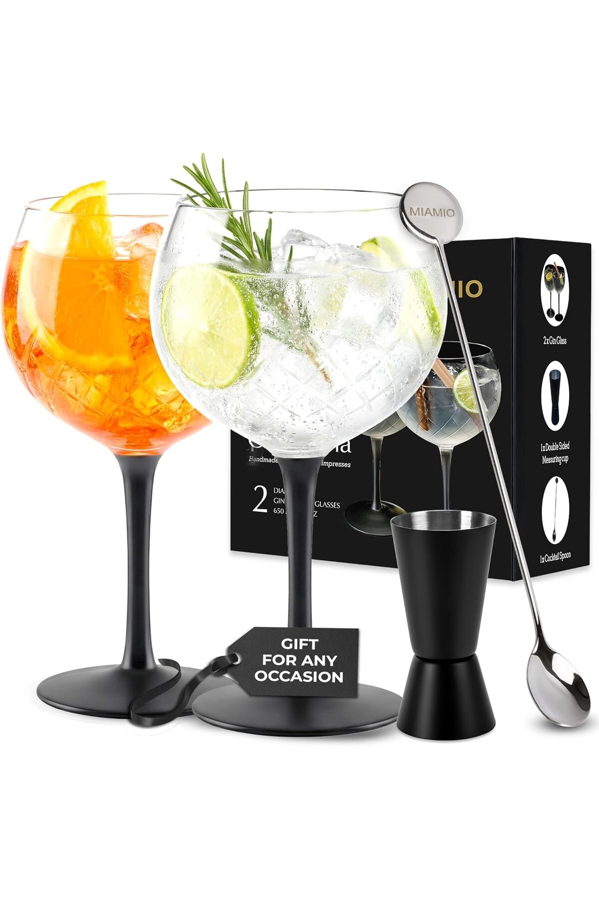- Gin & Tonic Glasses Set of 2, Gin Glasses 650 ml/Glass Balloon with Modern Black stem incl. Spoon & Measuring Cup
