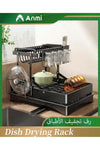2 Tier Foldable Dish Rack, Double Storage Large Capacity, Kitchen Cutlery Drainer Rack with Water Conduit(Black)
