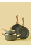 6 Piece Aluminum Cookware Set, Non-Stick Surface with Wood Finish Handles and Tempered Glass Lids, PFOA Free