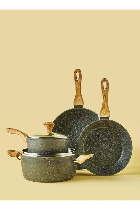 6 Piece Aluminum Cookware Set, Non-Stick Surface with Wood Finish Handles and Tempered Glass Lids, PFOA Free