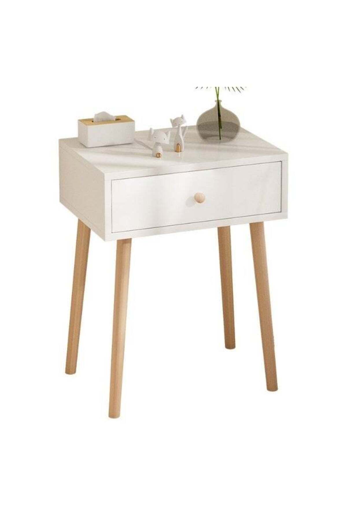 Elegant White Nightstand with Natural Wooden Legs, 40 x 30 x 55 cm, Modern Bedside Cabinet with Drawer, Compact Storage Table for Bedroom, Apartment, Guest Room, Living Space and Home Dec