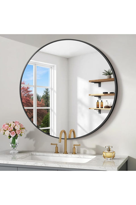 Koonmi 30" Black Circle Mirror Wall Mounted Round Mirror with Metal Frame for Bathroom/Living Room/Vanity/Bedroom
