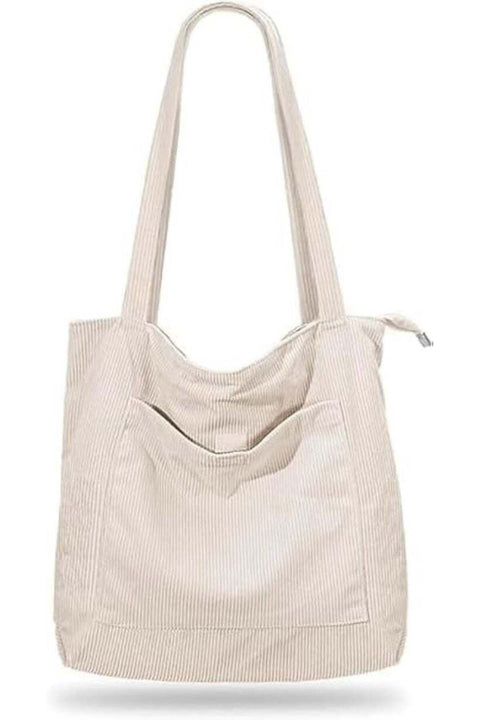 Corduroy Tote Bag for Women, School & Work, Large Capacity Zipper Shoulder Bag (Beige)