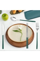 Portable Cutlery Set with Case, 4-Piece Gold and Black Stainless Steel, Fork Spoon Knife Chopsticks (GREEN SILVER)