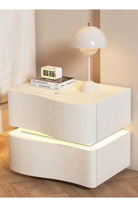 Modern High Gloss One Touch Switch Night Light LED Nightstand with 2 Storage Drawers Solid Wood Bedside End Table For Bedroom Living Room Furniture 50x40.5x50 cm (Fully Assembled)