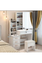 Vanity Table with LED Light Mirror, Multifunctional Makeup Dressing Table with Drawers and Storage Cabinet, Girls and Women's Bedroom Dresser with Open Shelves and Stool, White（SZZ008)