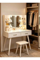 Vanity Desk with Lighted Mirror and Stool, White Dressing Desk with Storage Drawers & Shelve. Ideal Dressing Table for Bedroom, Dressing Room