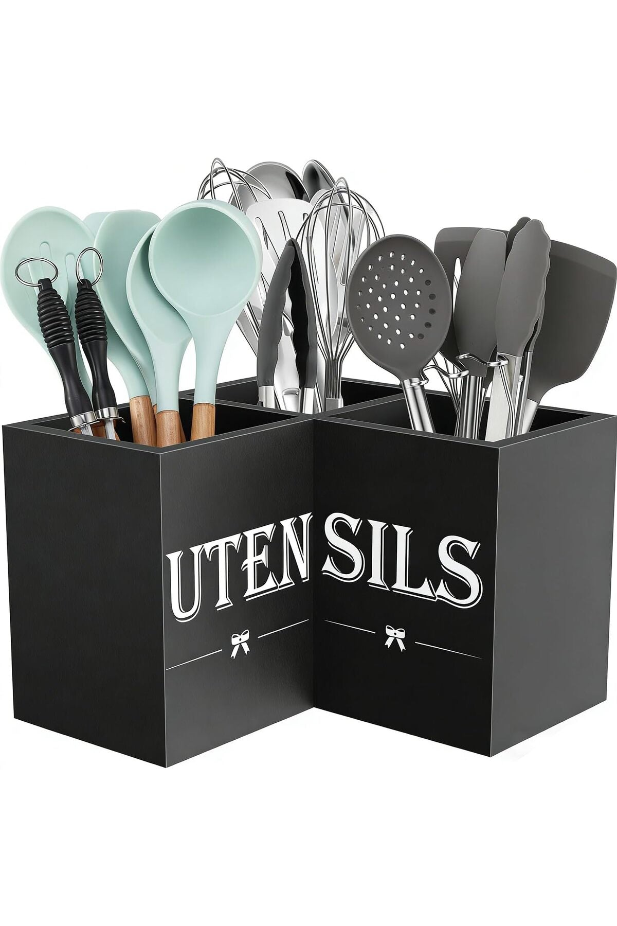 Extra Large Kitchen Utensils Holder with 3 Compartments, Corner Utensil Caddy for Countertop
