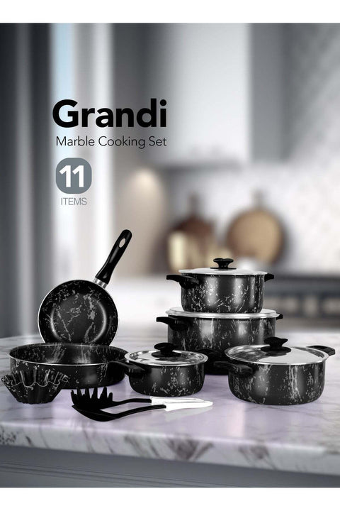 11 Pieces Marble Cook Set Aluminum Pots And Pans - Non-Stick Surface - Bakelite Handle -Stainless Steel Lids - PFOA Free Black Marble