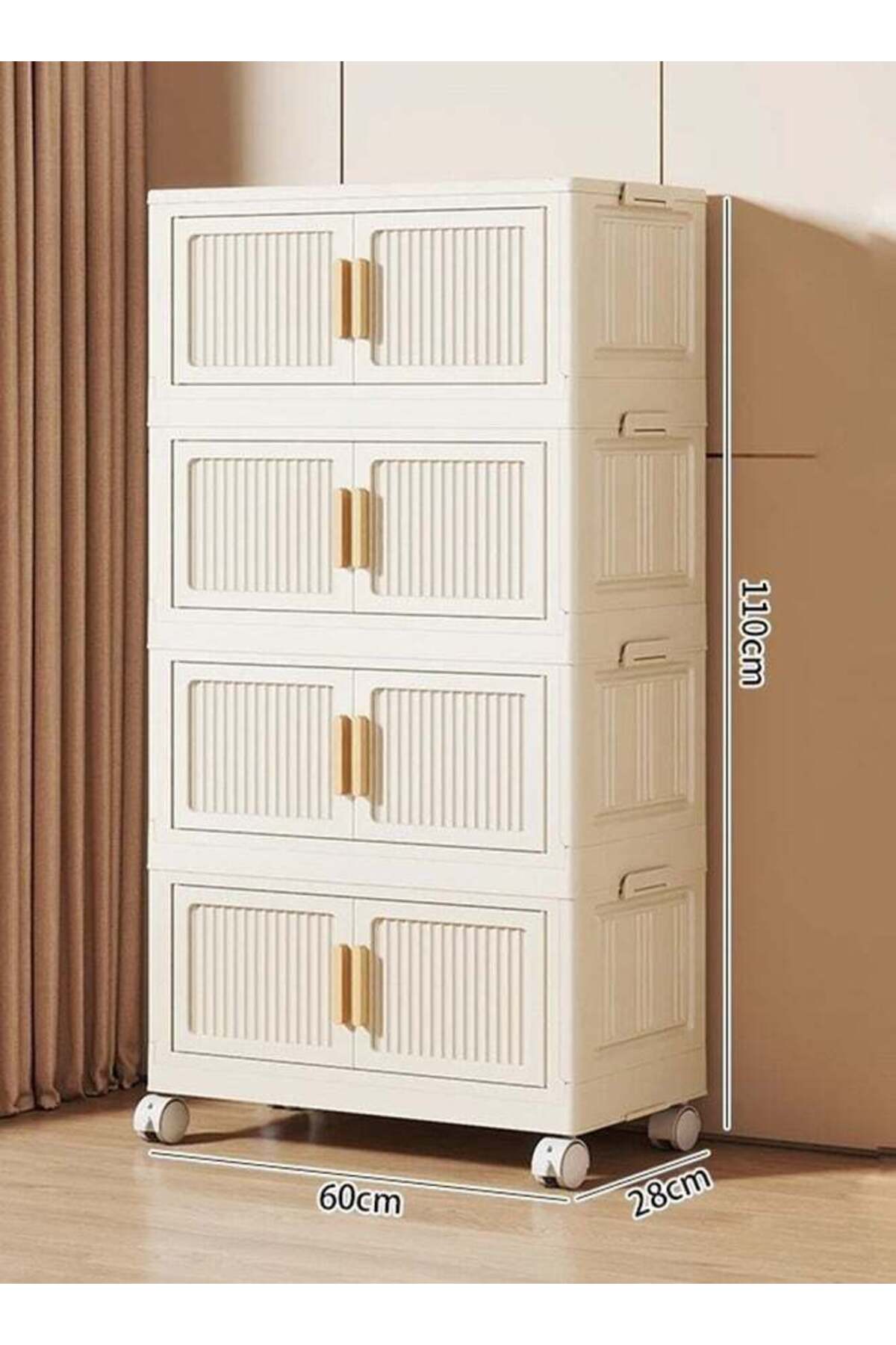 CozyNest 4-Tier Foldable Plastic Storage Cabinet with Flip Doors and Wheels, 60cm Wide Stackable Collapsible Organizer Bins for Clothes, Toys & Office Supplies
