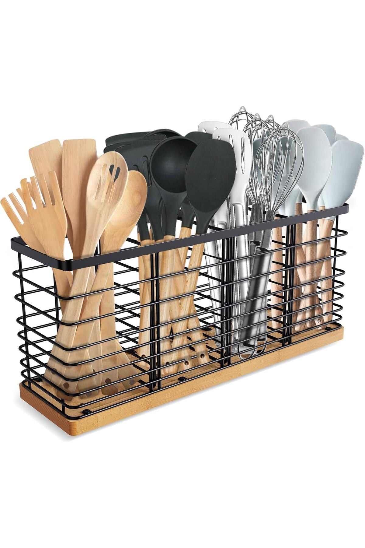 Extra Large Kitchen Utensil Holder with 4 Compartments, Flatware & Utensil Storage Matte Black Metal holder